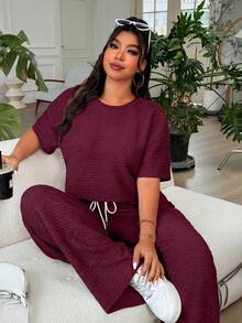 Solflare Women's Plus Size Solid Color Round Neck Short Sleeve Top And Drawstring Waist Wide Leg Pants Casual 2 Piece Set, Summer Outfits - Rusty Rose - View 6
