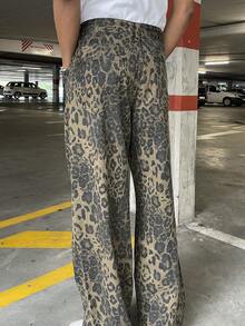 Ngobest Haus Ngobest Haus 男士豹纹牛仔裤，复古时尚休闲宽松直筒裤，垃圾摇滚 - 棕色 - 查看 4