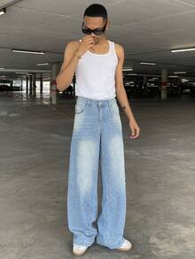 Ngobest Haus 1pc Men's Loose Fit Distressed Brick Print Denim Wide Leg Jeans - Blue - View 6