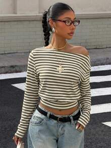 Muchica 女士黄色条纹长袖针织彩色条纹T恤 - 卡其色 - 查看 1