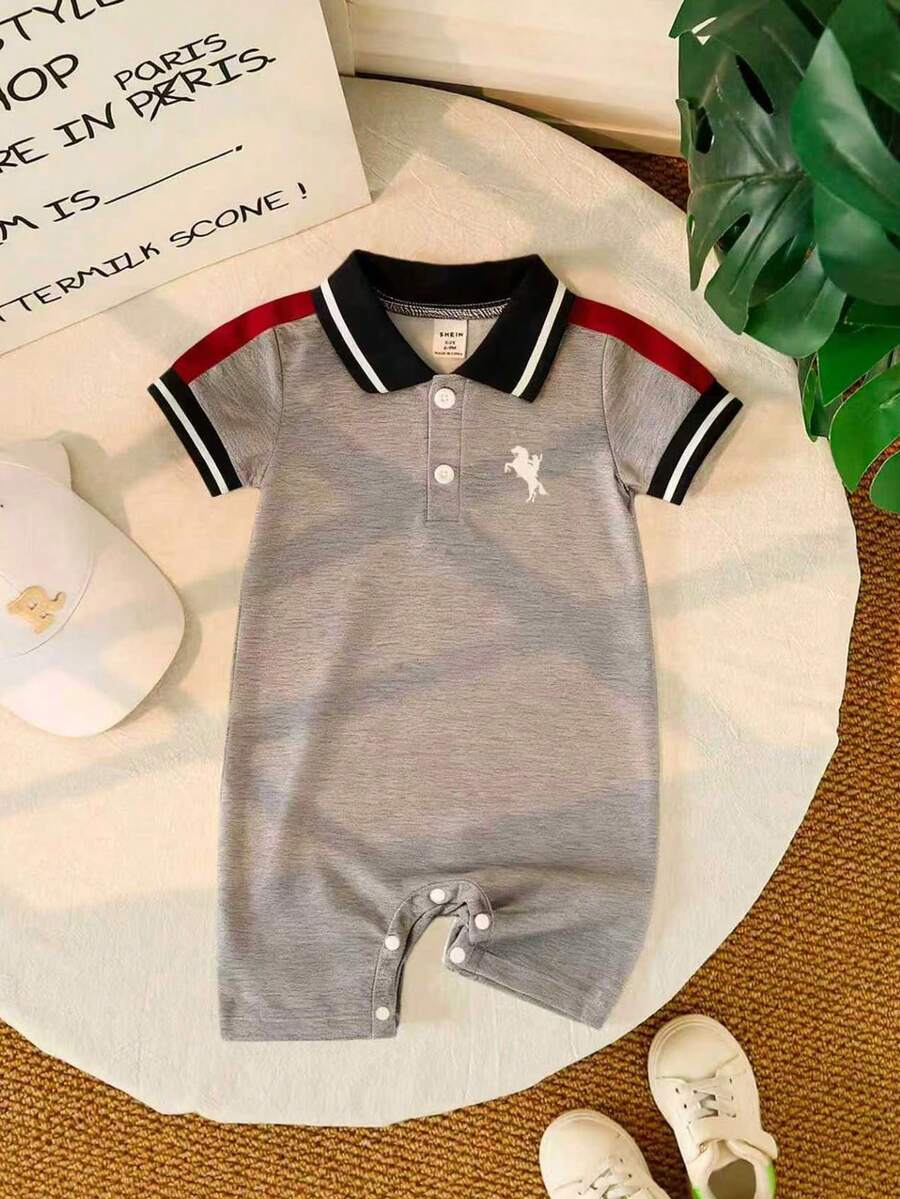 SHEIN 男婴撞色马图案Polo领连体衣,婴儿,婴儿服装,男婴服装,适合春夏穿着 - 灰色 - 查看 1