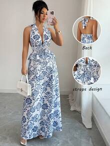 Elenzga 女士蓝白印花系带露背吊带背心+A字长裙两件套，春夏款 - 藍白色 - 查看 3