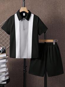 2pcs/Set Tween Boy Casual Contrast Color Block Polo Shirt And Shorts Set, Suitable For Commuting, School, Daily Casual Wear, Sports, Spring/Summer - Black - View 3