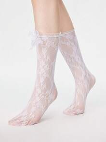 ROMWE Kawaii 1 Pair Of Empty Lace Socks; Pollen With Bow For Romantic Atmosphere - BKR - View 2