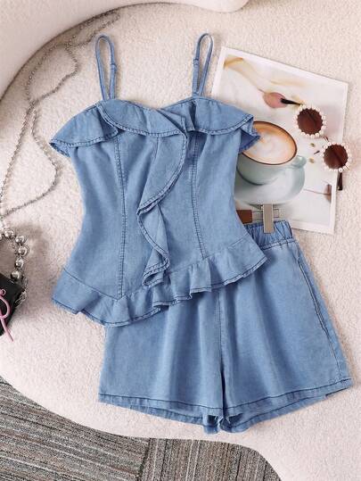 GlowEve Women's Solid Color Minimalist Casual Camisole Top And Denim Shorts Set