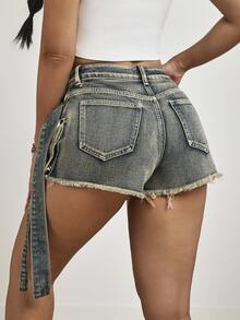 SHEIN PETITE 女士搭扣腰带设计工装口袋褶裥毛边下摆时尚牛仔短裙 - 藍色 - 查看 2