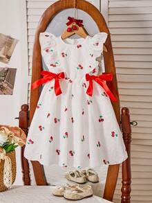 女童樱桃印花短袖连衣裙，带蝴蝶结，适合夏季和假期穿着 - 白色 - 查看 1