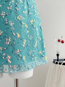 Elamini Falda corta de paraguas bordada en malla de estilo chino sexy, minifalda de verano para mujer - Azul - Ver 6