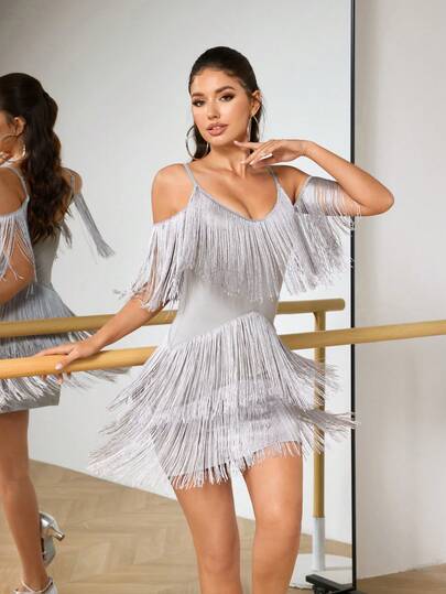 Menodora SHEIN Sport Women's Solid Color Fringe Design Fashion Latin Dance Dress, Casual Slip Dress