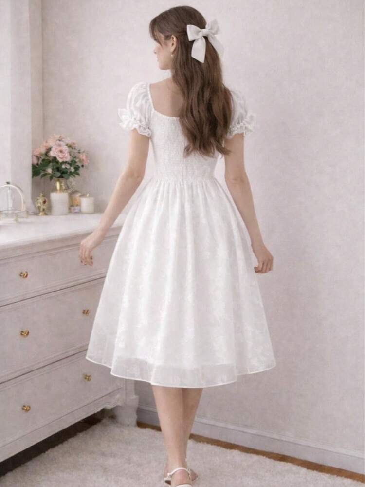 Vestido coqueto con fruncido elástico y toque romántico - Blanco - Añade 2
