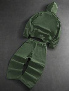 PAVTROS Men's Letter Print Hooded Zip-Up Jacket And Contrast Trim Pants Set Men 2 Piece Set Men Street Wear Sets Men Tracksuit Set Jogging Suits Men Jogging Set,Windbreaker/Outdoor Windbreaker,Parka,Streetwear,Jogging, - Army Green - View 2