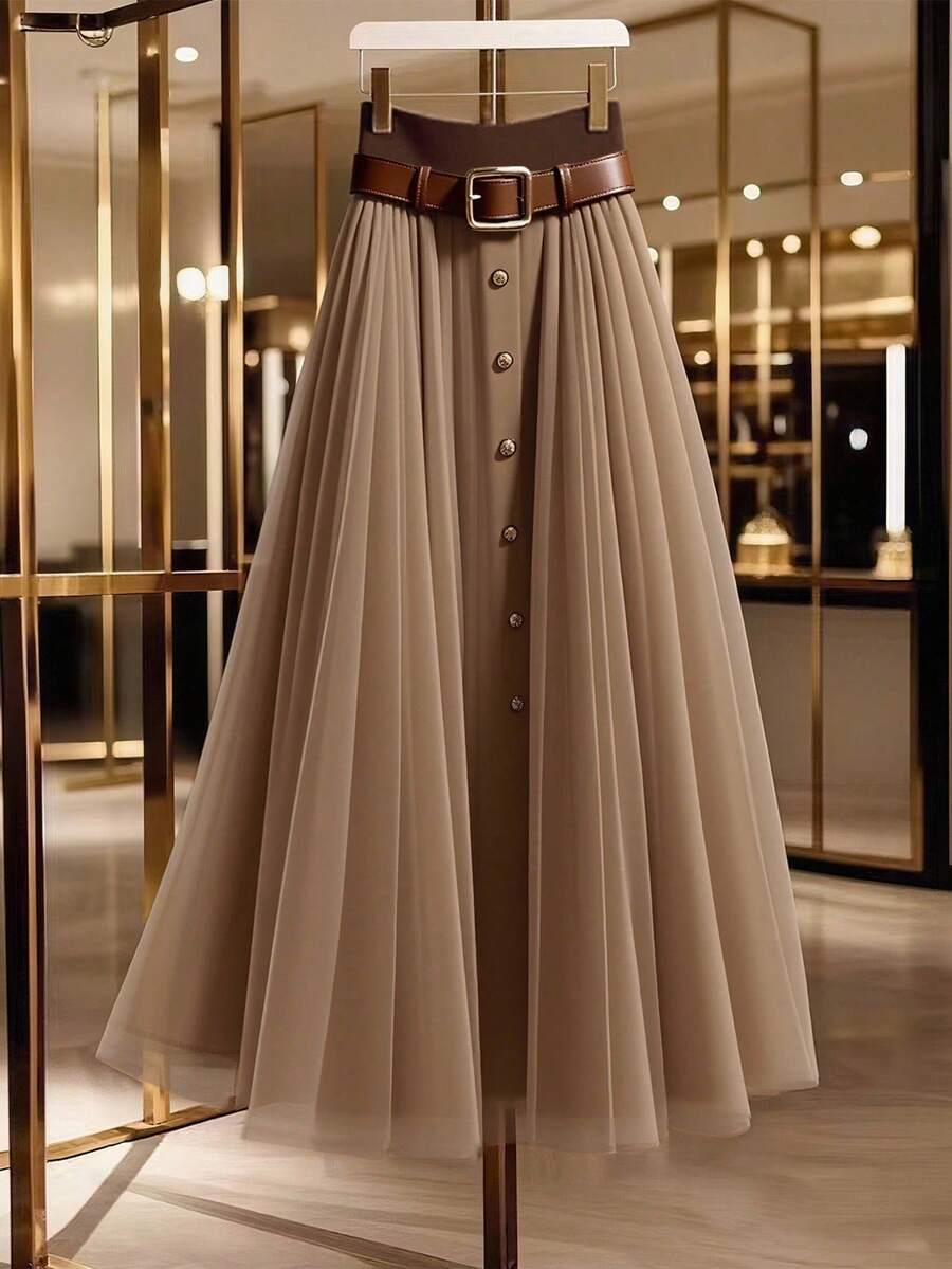 SHEIN PETITE CURVE 大码女式网纱拼接纽扣装饰优雅休闲通勤裙 - 卡其色 - 查看 1