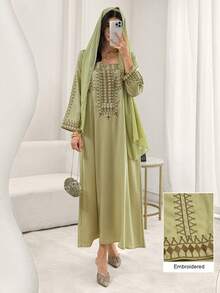 Yasmyna Elegant Embroidered Loose Long Sleeve Robe With Headscarf - Green - View 11