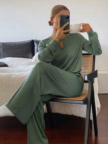 DAZY Minimalist Hollow Collar Knit Women Loungewear Set, Gray-Green - Green - View 5