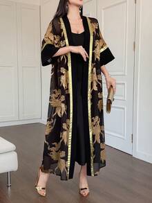 DAZY Elegant Gold Loose Jacquard Knit Cardigan Robe - Black - View 4