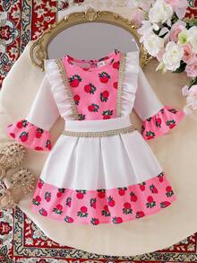 Conjunto de 2 piezas de camiseta de manga larga con encaje floral y cinta dorada, y falda con estampado floral pequeño para niñas pequeñas, nueva moda primavera/verano 2026, atuendo de Oriente Medio, esencial para viajar - Rosa - Ver 3