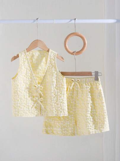 SHEIN 2pcs/Set Girls Sleeveless Woven Striped Tank Top With Bow Decor & Elastic Waist Loose Casual Shorts, Summer