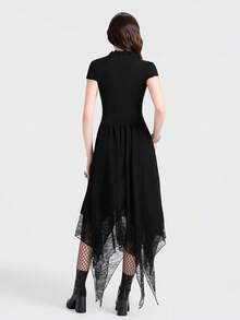 Breakform Women's Gothic Elegant Velvet Contrast Lace Frill V-Neck Metal Cross Decor Cap Sleeve Cuff Fitted Crop Top Black Summer Goth Club Night Out - Black - View 2