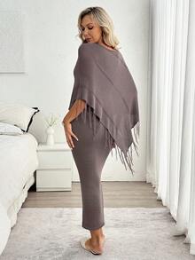Louniche Hollow Out Design Poncho Shawl Fringe Cape Sexy Casual Sleeveless Dress Sweater Two Pieces Set For Women, Spring/Summer - Grey - View 2