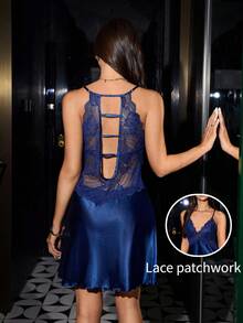 SHEIN Lace Trim Faux Silk Women Camisole Nightgown - Navy Blue - View 1