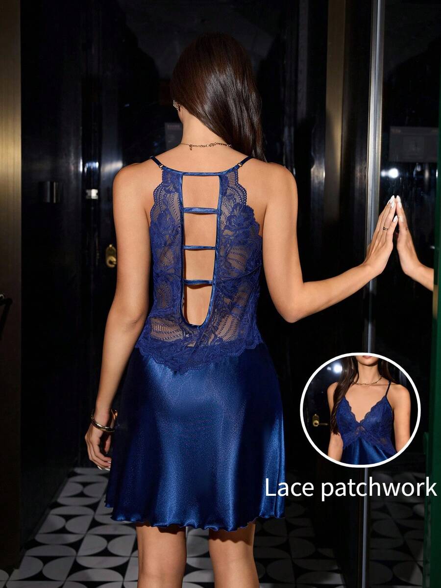 SHEIN Lace Trim Faux Silk Women Camisole Nightgown - Navy Blue - View 1