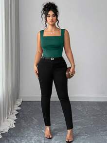 Elenzga Plus Size Women's Fashionable Solid Color Square Neck Camisole Top - Dark Green - View 6