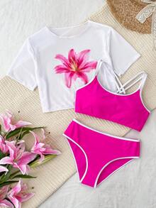 SHEIN 少女三件套比基尼泳衣，粉色撞色T恤印花泳装，吊带背心泳衣套装，适合度假、游泳、海滩穿着 - 彩色 - 查看 7