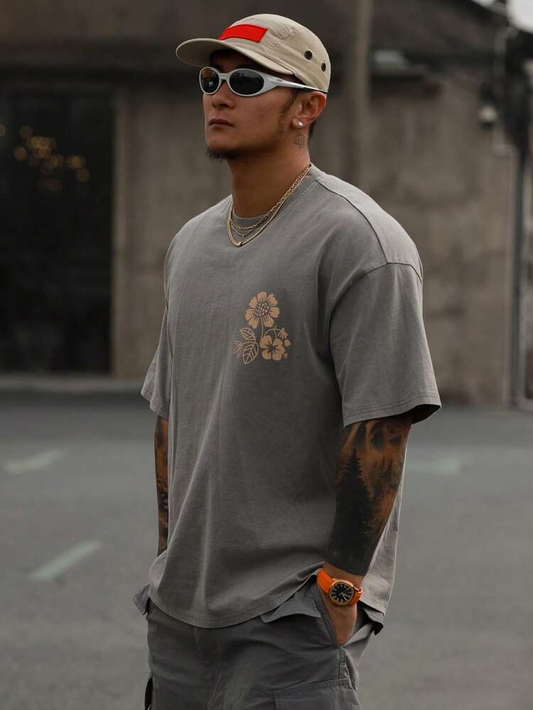 Men's Letter Print Washed Vintage Short Sleeve T-Shirt, Summer