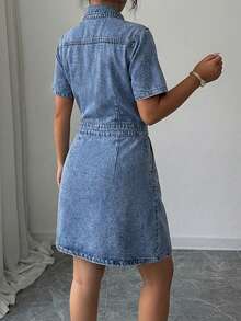 EURMUSE Women's Single-Breasted Short Sleeve Denim Dress - Medium Wash - View 2