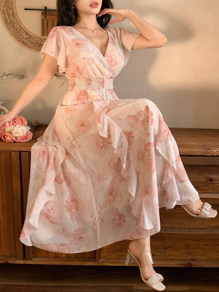 Women's Elegant Floral Shirred Ruffle Hem Mid-Length Dress, Summer Wedding Guest Dress Sundress Boho