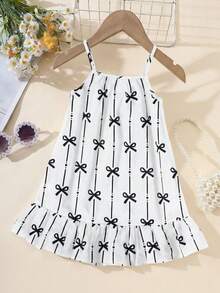 SHEIN Elladie kids Đầm maxi vải dệt nhiều màu sắc in kỹ thuật số, viền bèo nhún, dây đeo vai cho bé gái, thích hợp mặc hàng ngày vào mùa hè, đi chơi, du lịch, nghỉ mát và dự tiệc. - Đen và trắng - Xem 3