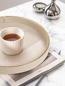 1pc Gold Rimmed Vertical Striped Round Decorative Tray, PU Leather Tray For Tabletop Decor, Home Decor, Desk Organizer Tray For Jewelry, Perfume, Keys - Luxurious Aesthetics - Multicolor - View 6