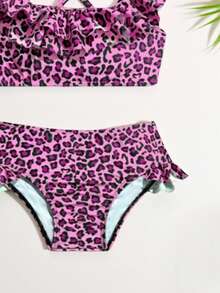 Nuevo conjunto de bikini de 2 piezas con volantes y estampado de leopardo que cubre por completo para niñas bebé de moda - Rosa Fucsia - Ver 5
