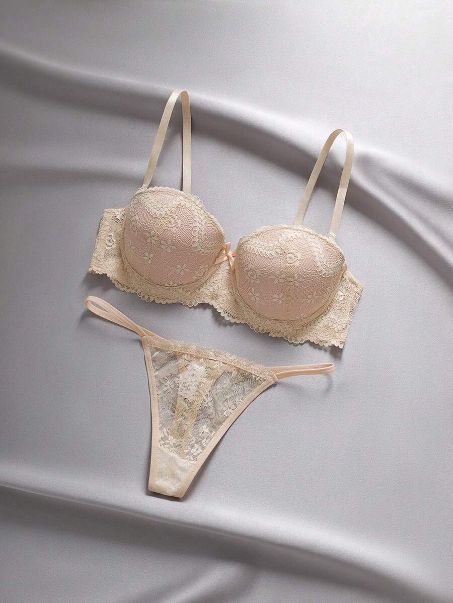 EmpressEnvy Bộ đồ lót ren xuyên thấu màu trơn gợi cảm dành cho nữ - Màu be - Xem 1