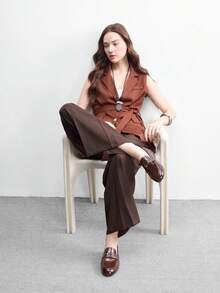 CUCCOO BIZCHIC 女士圆头乐福鞋，金属扣设计，通勤职场百搭平底鞋，舒适一脚蹬，情人节礼物 - 咖啡棕 - 查看 6