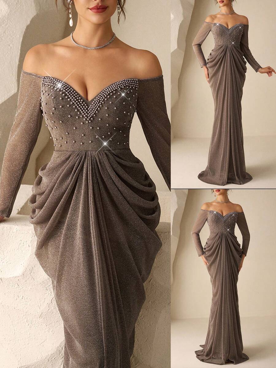 Coutiva 优雅的亮片珍珠装饰露肩露背长袖礼服（奢华华丽的礼服），配有褶裥裙摆；适合婚礼宾客、毕业典礼和生日派对的正式晚礼服。