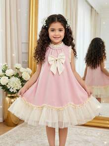 SHEIN Elladie kids 少女时尚可爱撞色蝴蝶结荷叶边连衣裙 - 粉色 - 查看 3