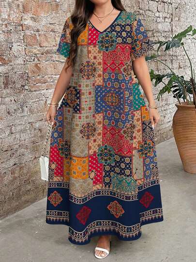 EMERY ROSE Plus Size Women Floral Print V-Neck Short Sleeve Maxi Dress, Elegant Vacation Dresses,Summer