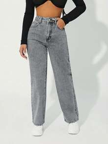 EURMUSE Quần jeans ống đứng bỏ túi thời trang thường ngày dành cho nữ - Xám - Xem 4