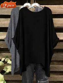EMERY ROSE Plus Size Summer Casual Solid Color Batwing Sleeve Asymmetric Hem T-Shirt - Multicolor - View 4