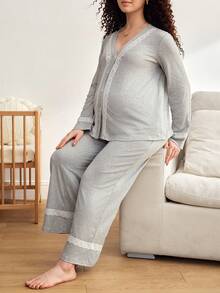 Moonlight&Mama 孕妇蕾丝拼接长袖上衣和裤子睡衣套装，适合孕妇穿着 - 卡其色 - 查看 7