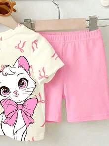 SHEIN 女婴休闲圆领短袖T恤和打底裤套装，适合春夏穿着 - 彩色 - 查看 3