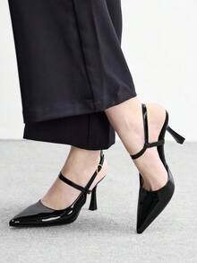 CUCCOO BIZCHIC 女士尖头细高跟黑色踝带露跟高跟鞋 简约优雅时尚性感派对宴会女士高跟鞋 女鞋 - 鏡面黑1 - 查看 5