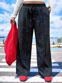 Muchica Plus Size Solid Color Knot Pocket Seam Front Casual Loose Pants - Black - View 1