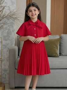 SHEIN Vestido elegante de niña con capa de vuelo con detalle de lazo y bajo plisado de unicolor - Rosa Fucsia - Ver 2