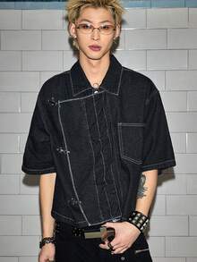 ROMWE MEN Street Life Men's Oblique Placket Airplane Buckle Denim Jacket - Blue - View 9