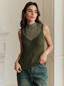 Anewsta Essential Women's Fitted Knit Sleeveless Vest, Colorblock Striped Mock Neck Top See Through Top Green Army Green Top See Through Tops Sage Green Olive Green Top - Green - View 6