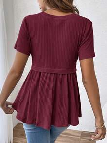 SHEIN Tricou elegant și romantic pentru maternitate, cu guler rotund și mânecă scurtă, model romantic, pentru petrecere, cu dezvăluirea sexului - Burgundia - Vizualizare 2