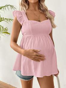 SHEIN Maternity Solid Color Pleated Casual Versatile Daily Wear Cap Sleeve Shirt - Baby Pink - View 4