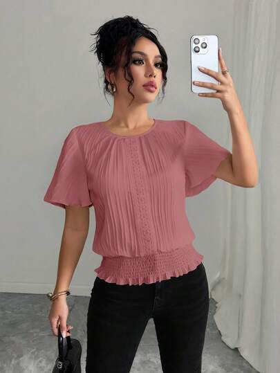 Selianne PETITE Textured Ruffled Decor Elastic Waist Women's Casual Blouse, Minimalist & Elegant For Holiday Wear/African Dresses For Women/Bandage /4th Of July /Smart Casual/Fall,Halloween,Homecoming,Back To School/Modest
